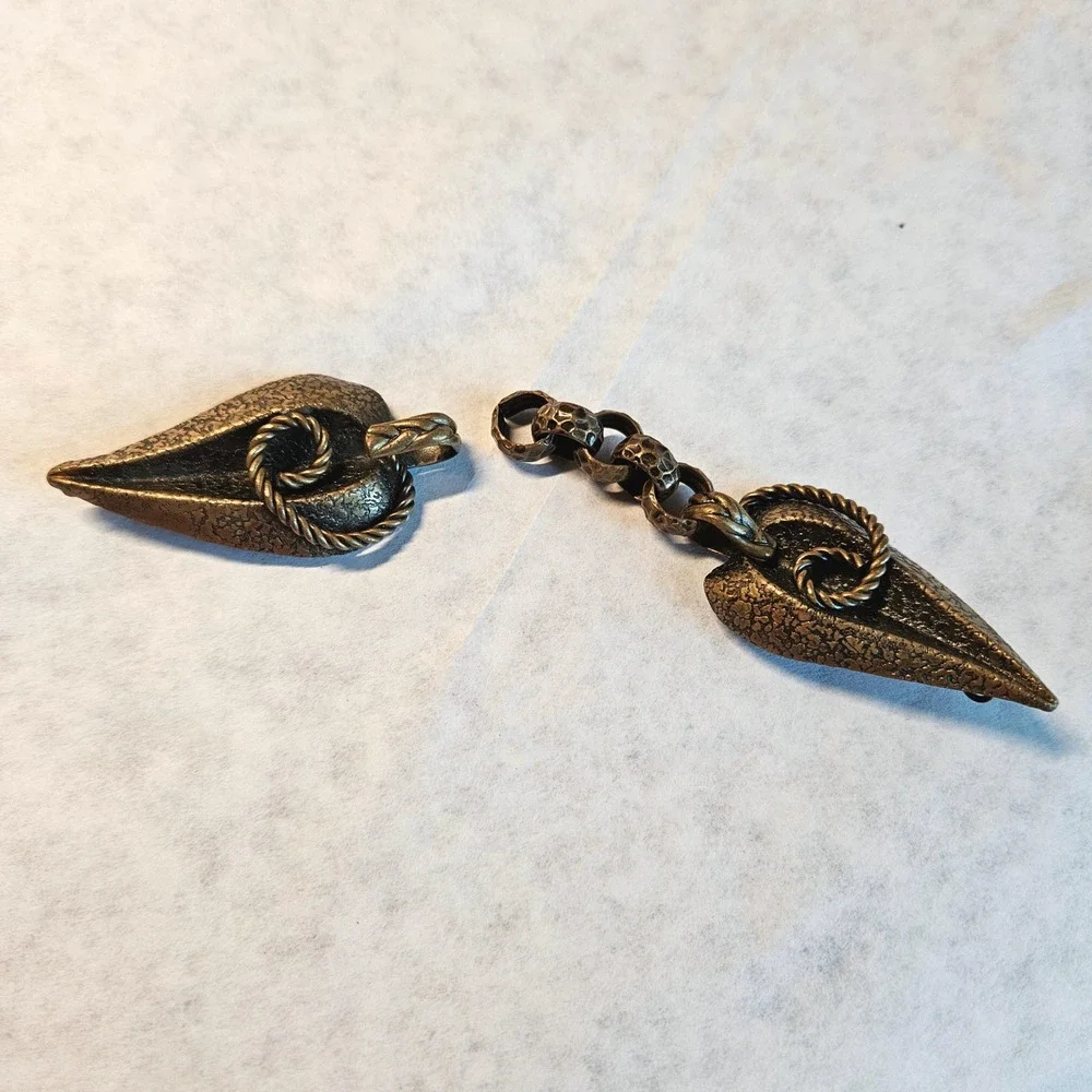 Vtg Bronze Leaf Hammered Chain Cloak Jacket Clasp Fastener Clip Hook Handmade